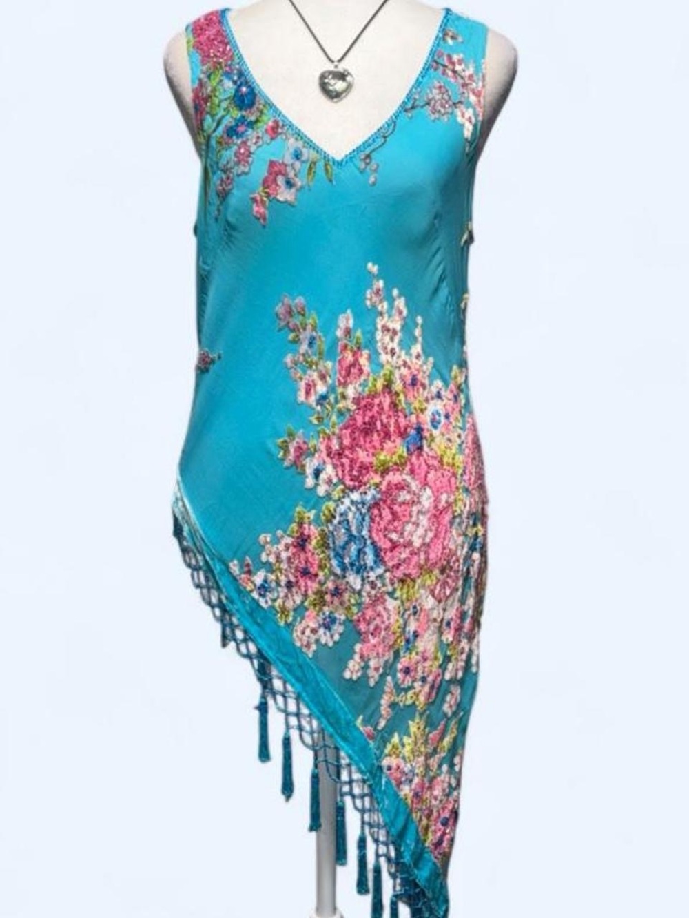 Vintage Cache Beaded Floral Asymmetric Fringe Top